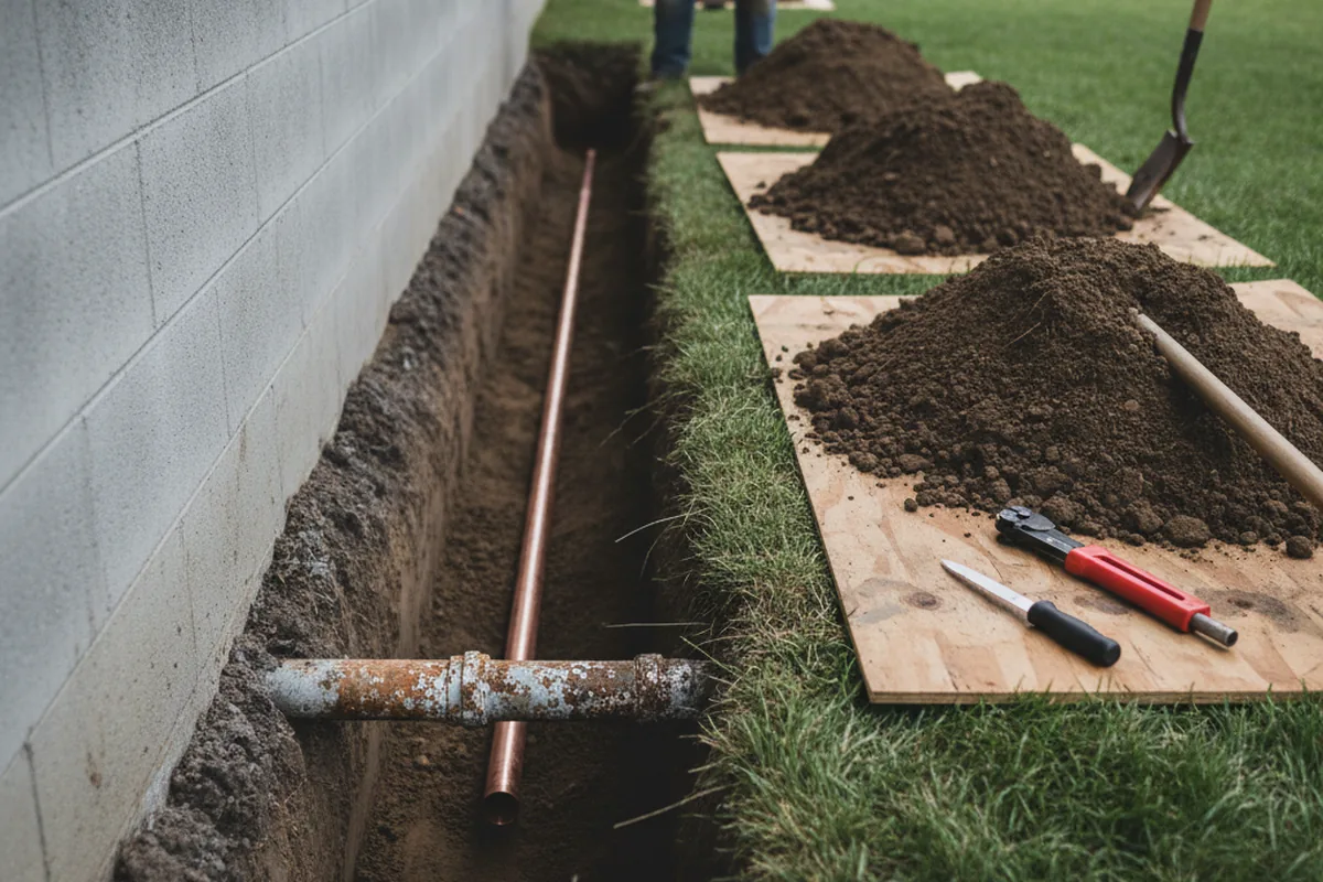 Excavated water line trench during Sewer Line Repair in New London
